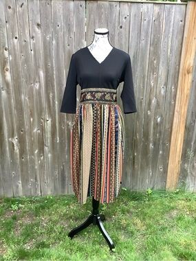 Black Top Midi Dress with Patterned Striped Skirt